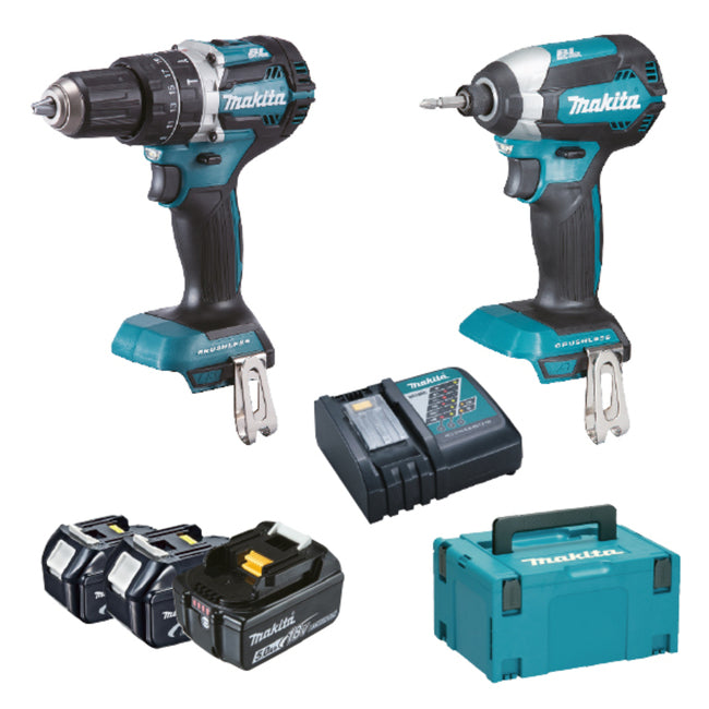 MAKITA - COMBO DLX2180TJ1 - DUE UTENSILI: DTD153 AVVITATORE IMPULSI, DHP484 TRAPANO AVVITATORE CON PERCUSSIONE,  BL1850B TRE BATTERIE 5,0 AH, DC18RC UN CARICABATTERIE