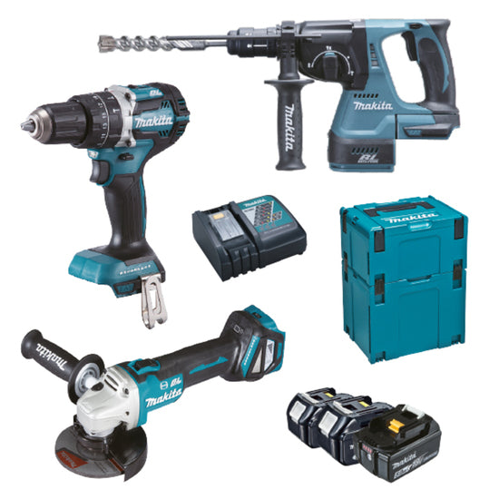 MAKITA COMBO DLX3119TJ: TRAPANO AVVITATORE DHP484 + TASSELLATORE DHR243 + SMERIGLIATRICE DGA513 + 3 BATTERIE 5.0 AH BL1850B + 2 VALIGETTE MAKPAC