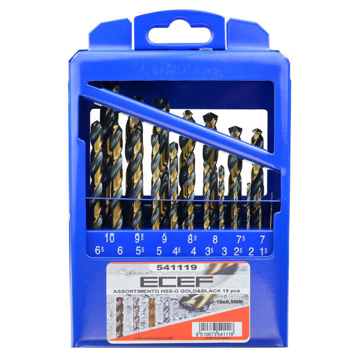 ECEF ASSORTIMENTO PUNTE HSS GOLD&BLACK AUTOCENTRANTI - SET 19 PZ. D.1,0 : D.10,0